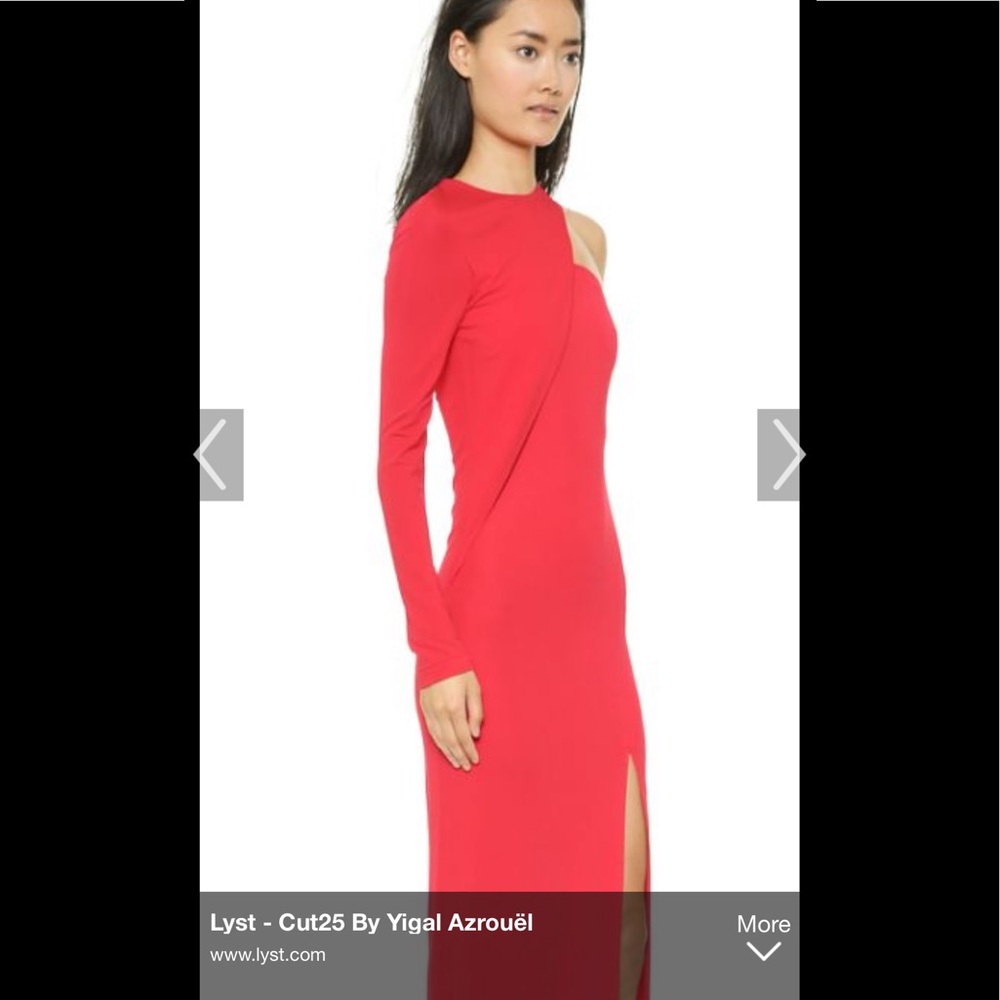 Red Cut25 long gown with one shoulder sleeve